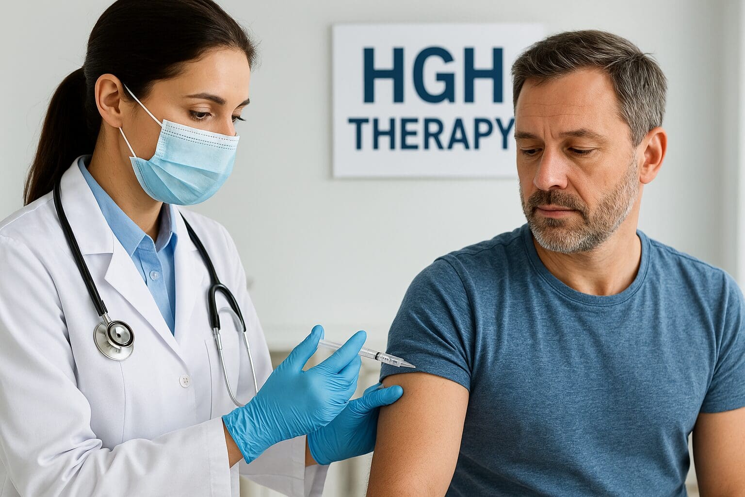 A Healthcare professional wearing a white coat, stethoscope, face mask and blue gloves is giving an injection into the upper arm of a seated man in a blue t-shirt. A sign in the background reads “HGH Therapy”