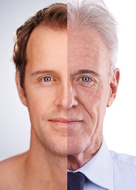 Split-face comparison showing younger appearance on left side and older appearance with gray hair and wrinkles on right side