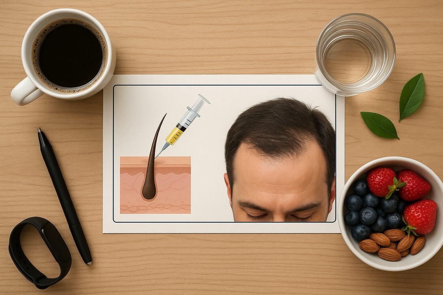 A realistic flat-lay image showing a wooden desk setup with an illustration of a syringe injecting into a hair follicle and a man’s scalp. Surrounding items include a cup of coffee, a glass of water, a bowl of strawberries, blueberries, and almonds, a black fitness tracker, a pen, and green leaves symbolizing healthy lifestyle habits supporting post-treatment care.