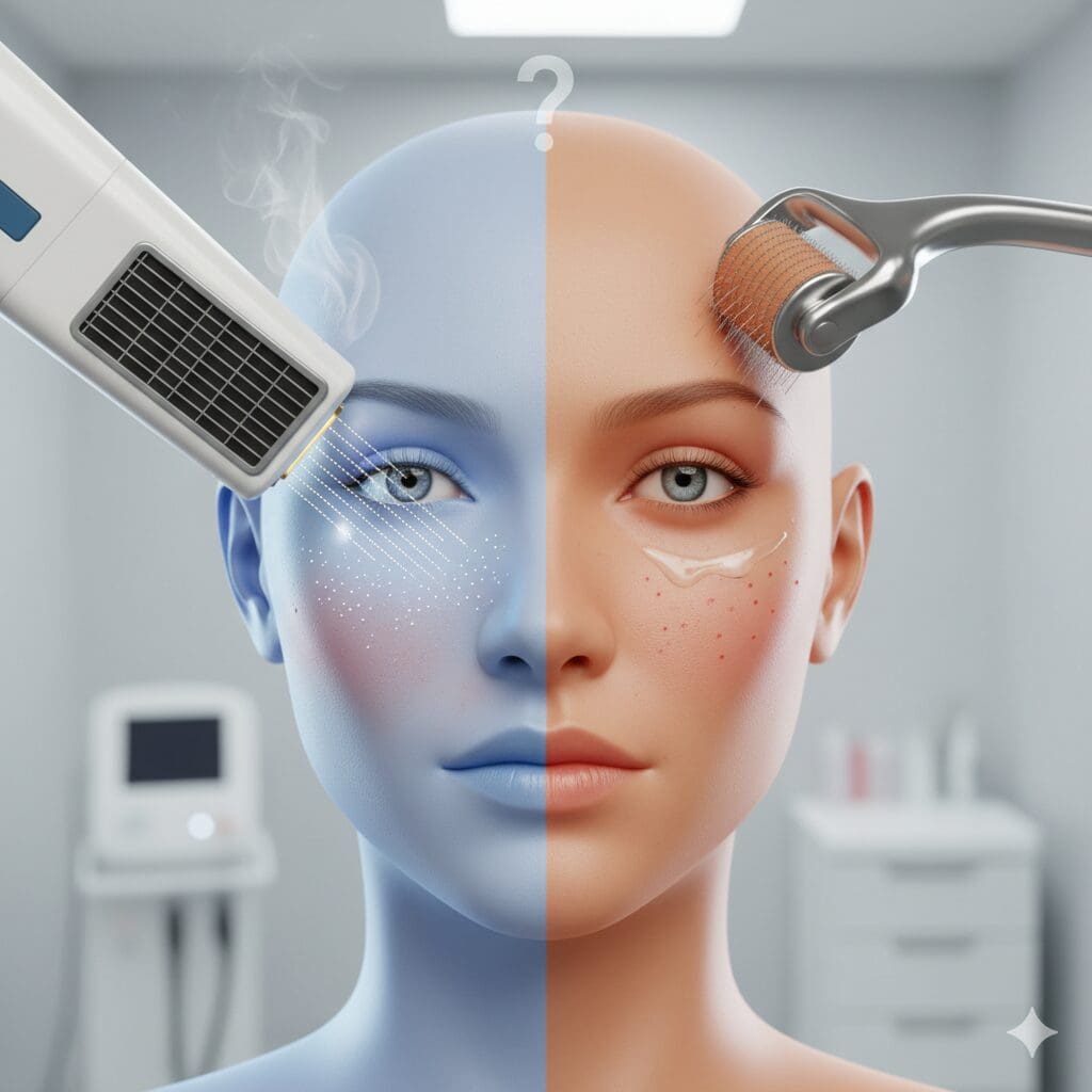 The image shows a split-face, the left half of the face, tinted blue, is being treated with a high-tech laser. The right half, in natural skin tone, is being treated with a microneedling roller. A question mark appears at the top. The background shows a clean clinical or dermatology setting.