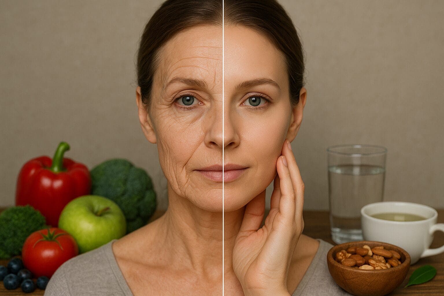 A realistic split-face image of a woman showing the contrast between aged skin on the left side and youthful, smooth skin on the right, surrounded by healthy foods like fruits, vegetables, nuts, water, and tea to represent the impact of diet and lifestyle on skin aging.
