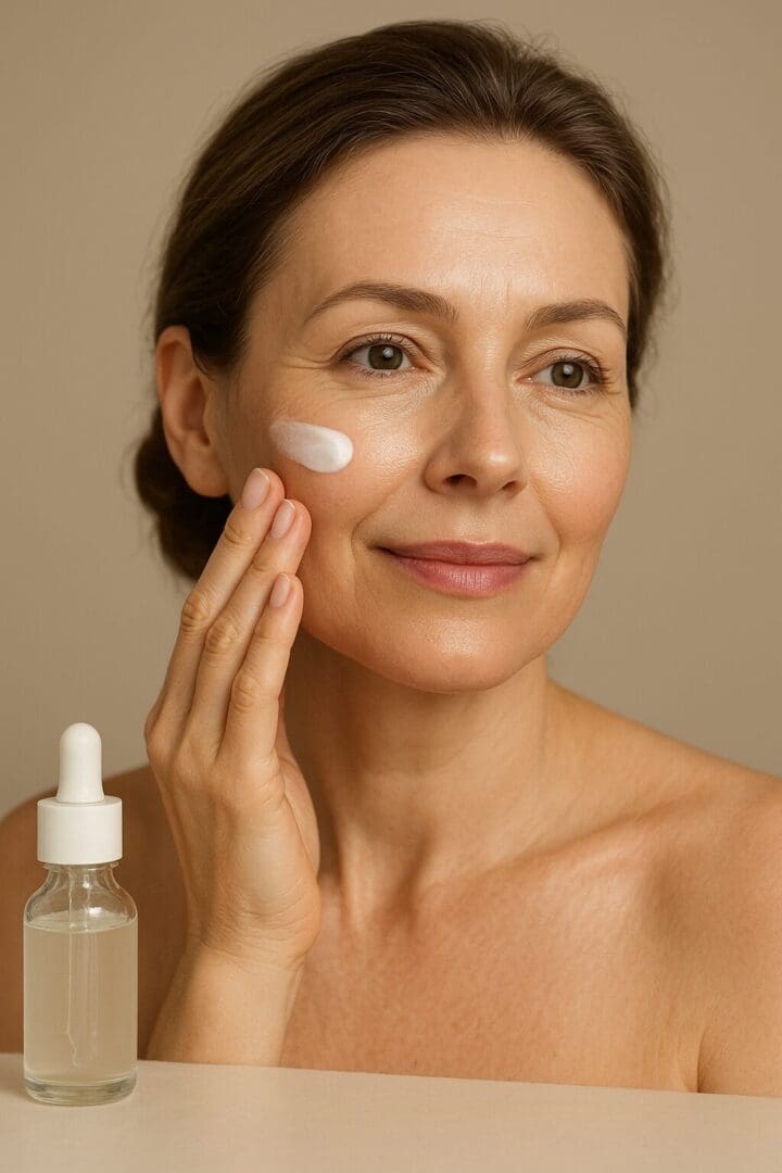 A middle-aged woman with glowing, healthy skin gently applying a cream to her cheek, with a glass serum bottle placed in front of her.