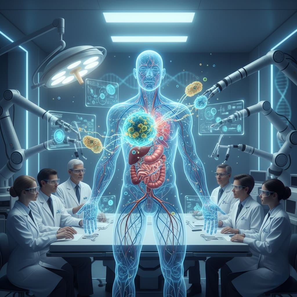 The image shows future of stem cell therapy regenerative healthcare laboratory meeting, Scientists discussing stem cell regeneration and personalized medicine, Nanobots injecting stem cells into holographic human body illustration