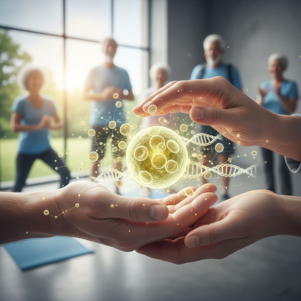 Hands protecting regenerative cells and DNA for healthy aging.