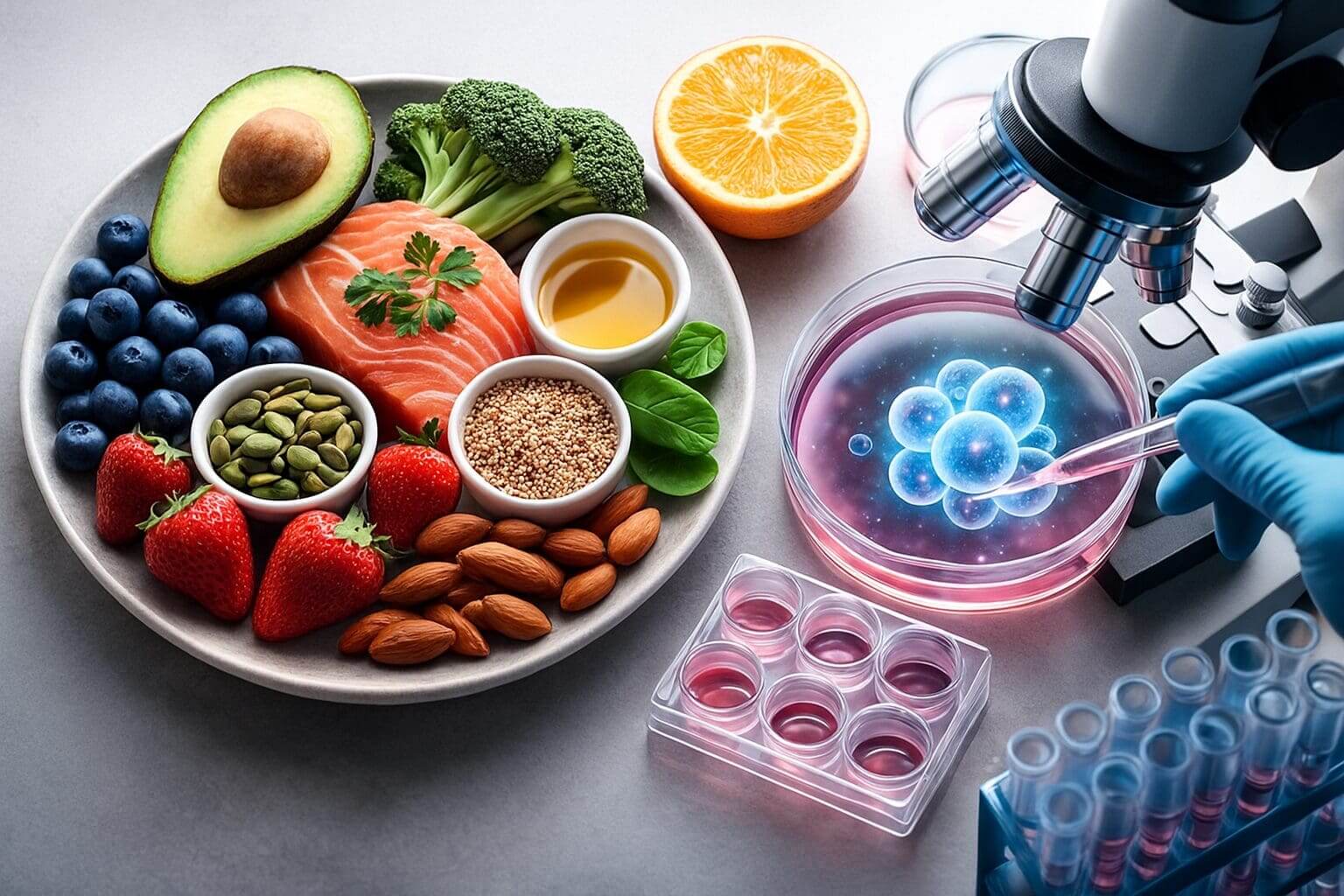 A realistic scene showing a plate of nutrient-rich foods like salmon, berries, broccoli, avocado, nuts, seeds, and greens, placed beside a laboratory setup with test tubes, and a microscope. A gloved hand uses a dropper on a petri dish containing glowing cell-like structures, symbolizing the connection between nutrition and regenerative medicine.