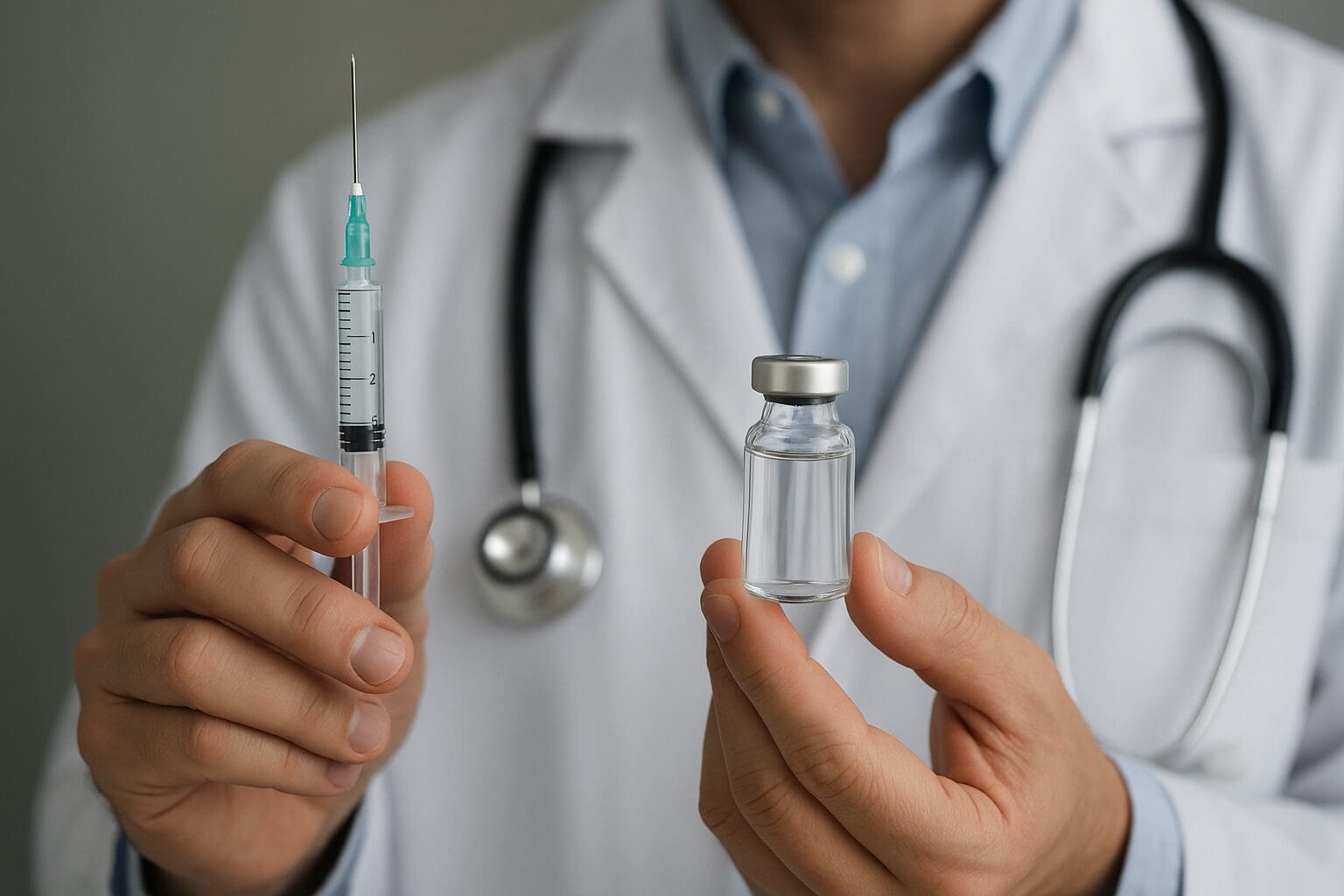 A close-up of a doctor in a white coat holding a syringe filled with clear liquid in one hand and a small transparent vial in the other. The background is softly blurred, with a stethoscope visible around the doctor’s neck.