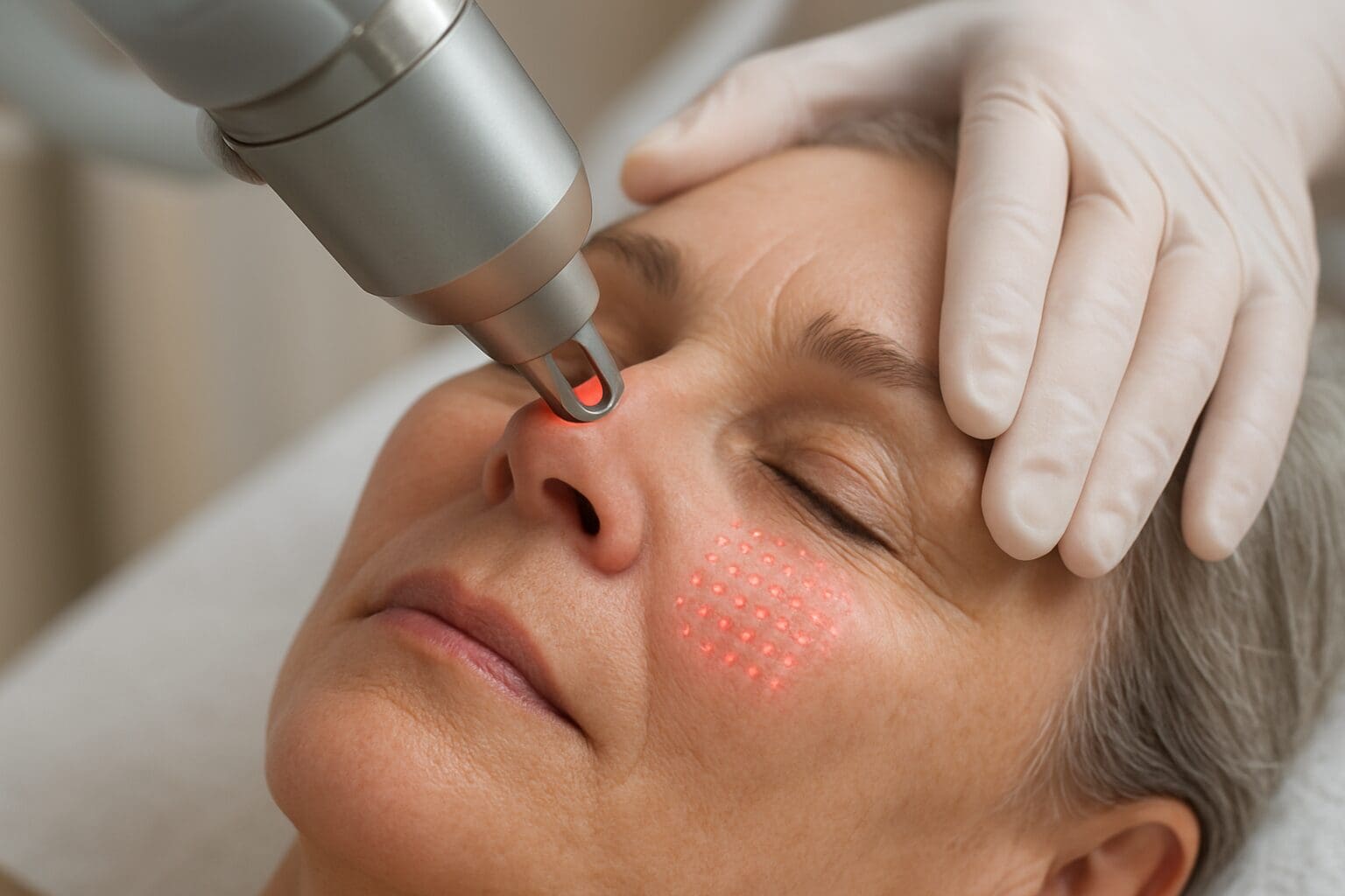 Close-up of a fractional CO₂ laser creating a grid of microbeams on facial skin during treatment.