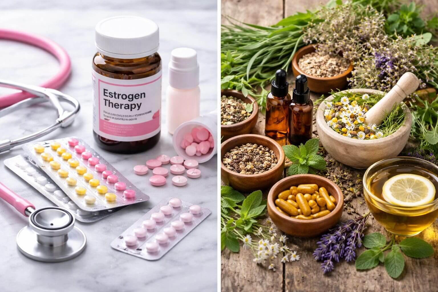 A split realistic image showing, on one side, prescription hormone pills, blister packs, a medicine bottle, and a stethoscope on a clean clinical surface; on the other side, natural herbs, dried flowers, capsules, essential oil bottles, and a mortar and pestle arranged on a rustic wooden table.