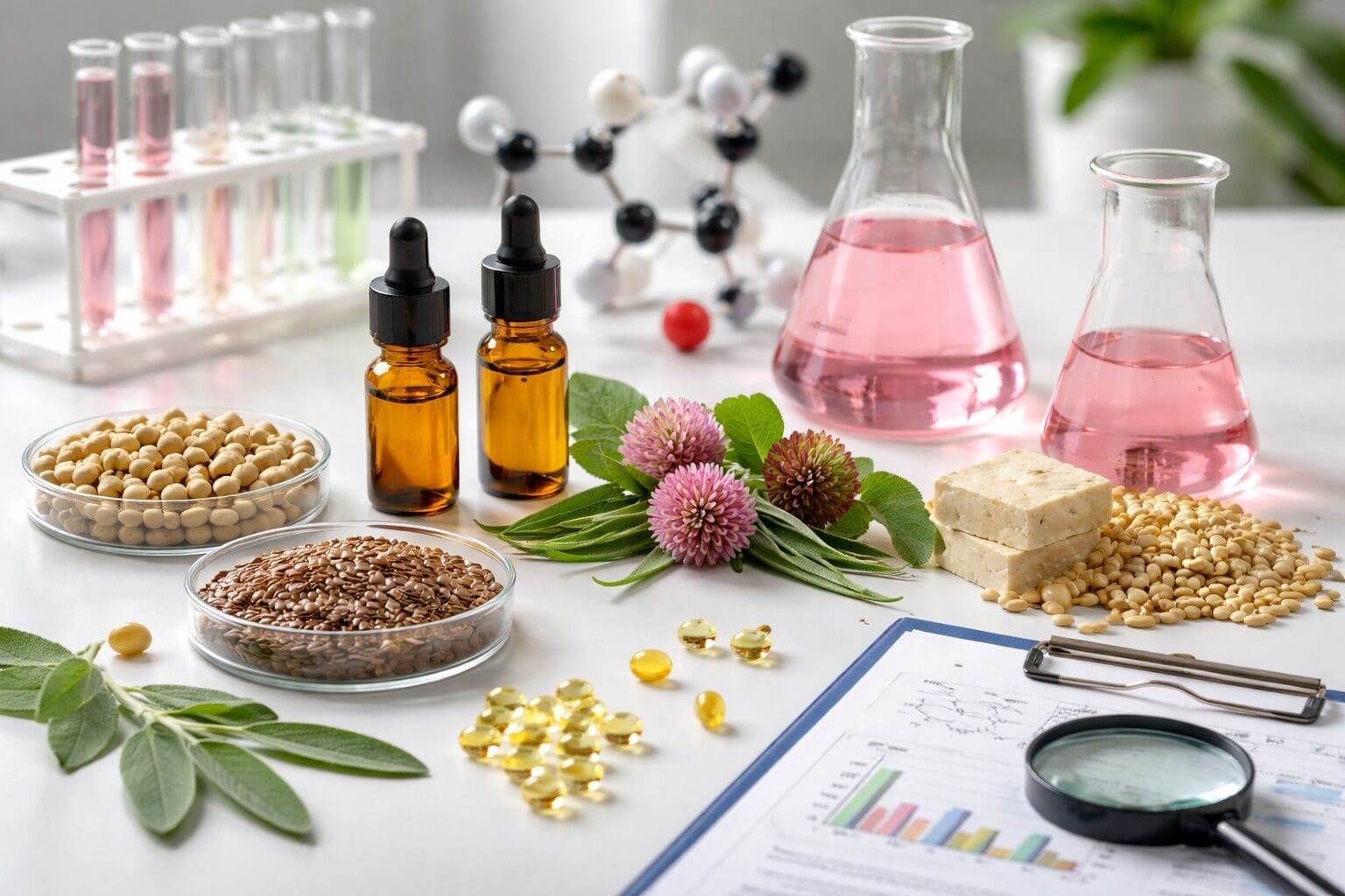 A realistic laboratory scene showing plant-based estrogen sources- soybeans, flaxseeds, tofu, red clover flowers, and herbal extracts, arranged on a clean white surface alongside scientific glassware, test tubes with pink solutions, molecular models, and research documents.