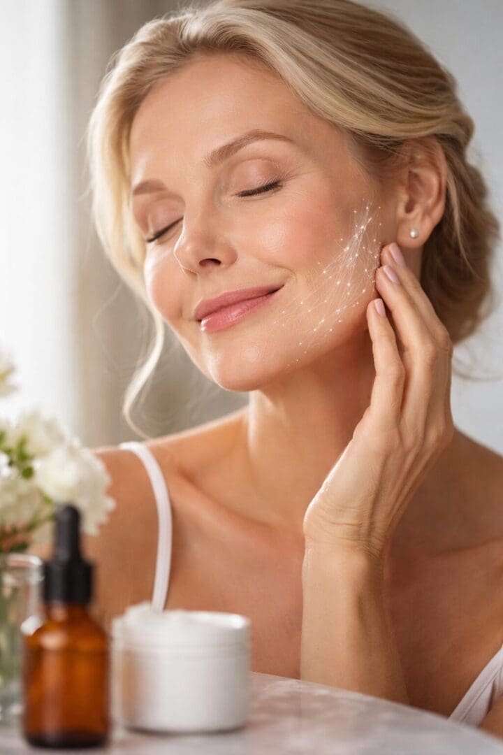 Close-up of a middle-aged woman with smooth, radiant skin gently touching her cheek, highlighting firmness and elasticity in soft natural light.