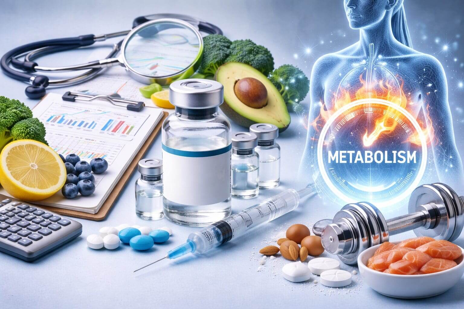 An image showing injectable vials, a syringe, supplements, healthy foods, fitness equipment, and clinical tools on a clean blue background.