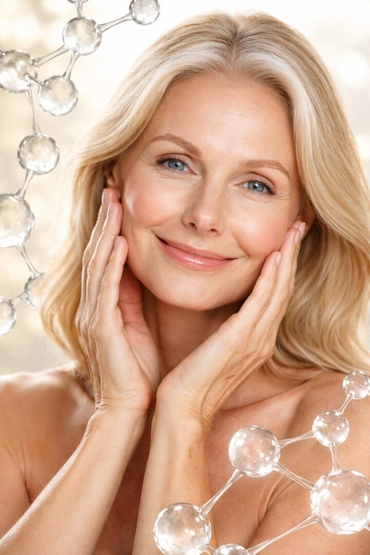 Close-up portrait of a mature woman with naturally radiant, healthy-looking skin, softly smiling while gently touching her face. The background is softly lit and abstract, featuring translucent molecular-style elements.