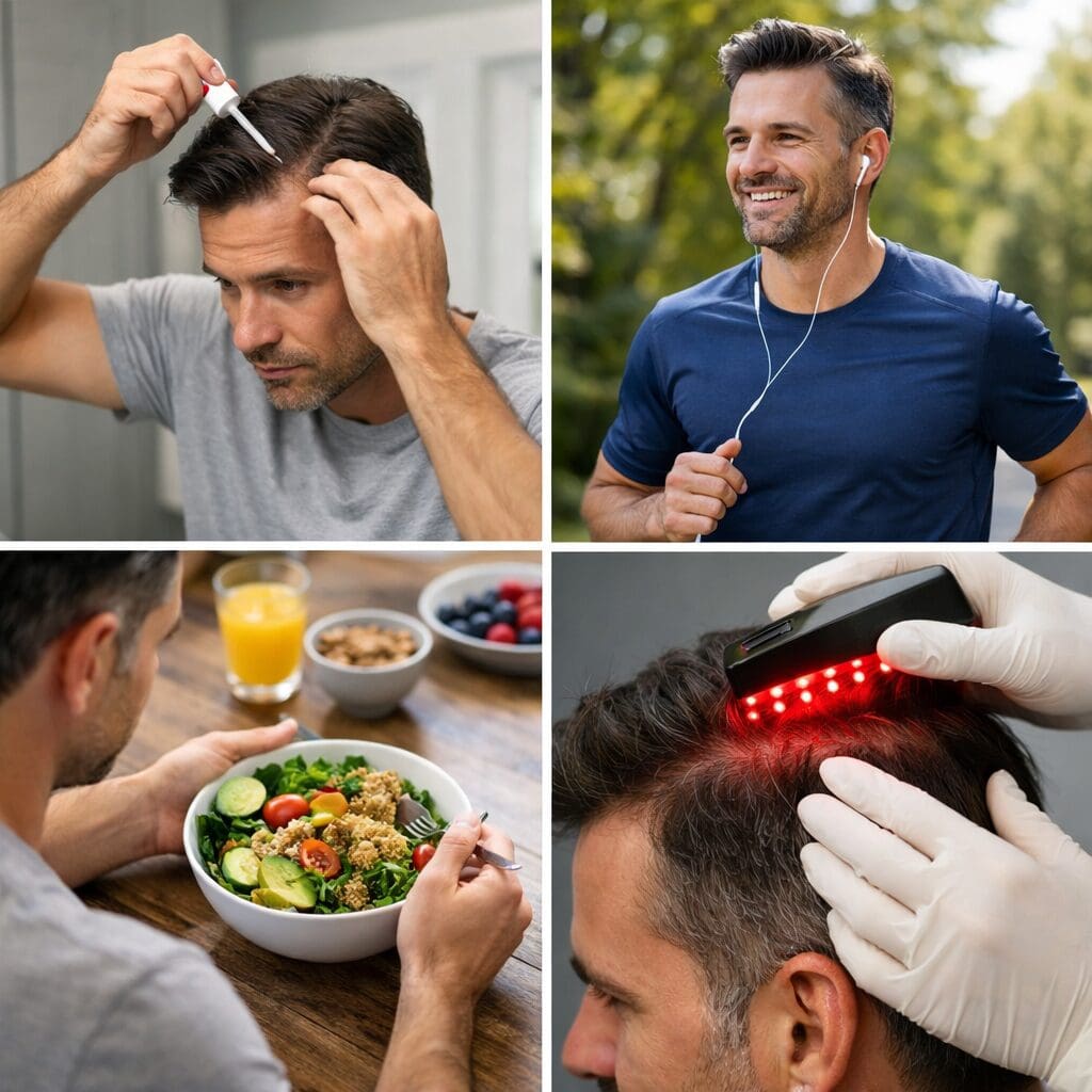 Realistic collage showing post–hair restoration care: a man applying scalp treatment, maintaining an active lifestyle with outdoor exercise, eating a balanced nutrient-rich meal, and receiving low-level light therapy to support long-term hair density.