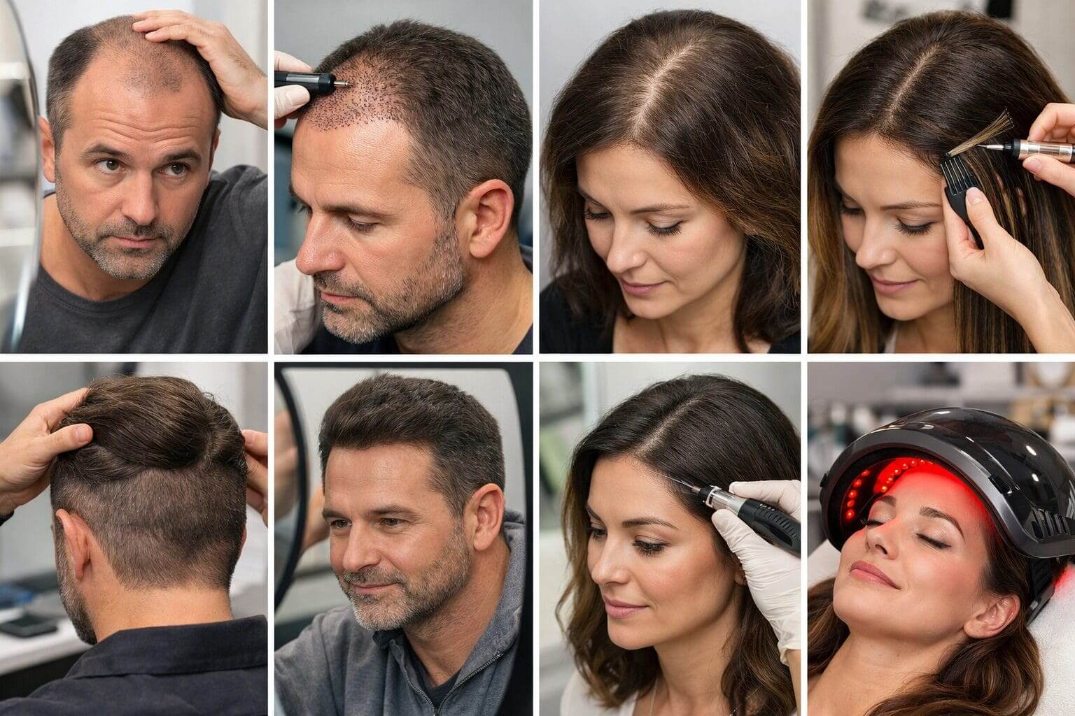 Realistic collage showing hair reconstruction options for men and women, including hair transplant procedures, scalp treatments, non-surgical therapies, and visible before-and-after hair density improvements in a clinical setting.