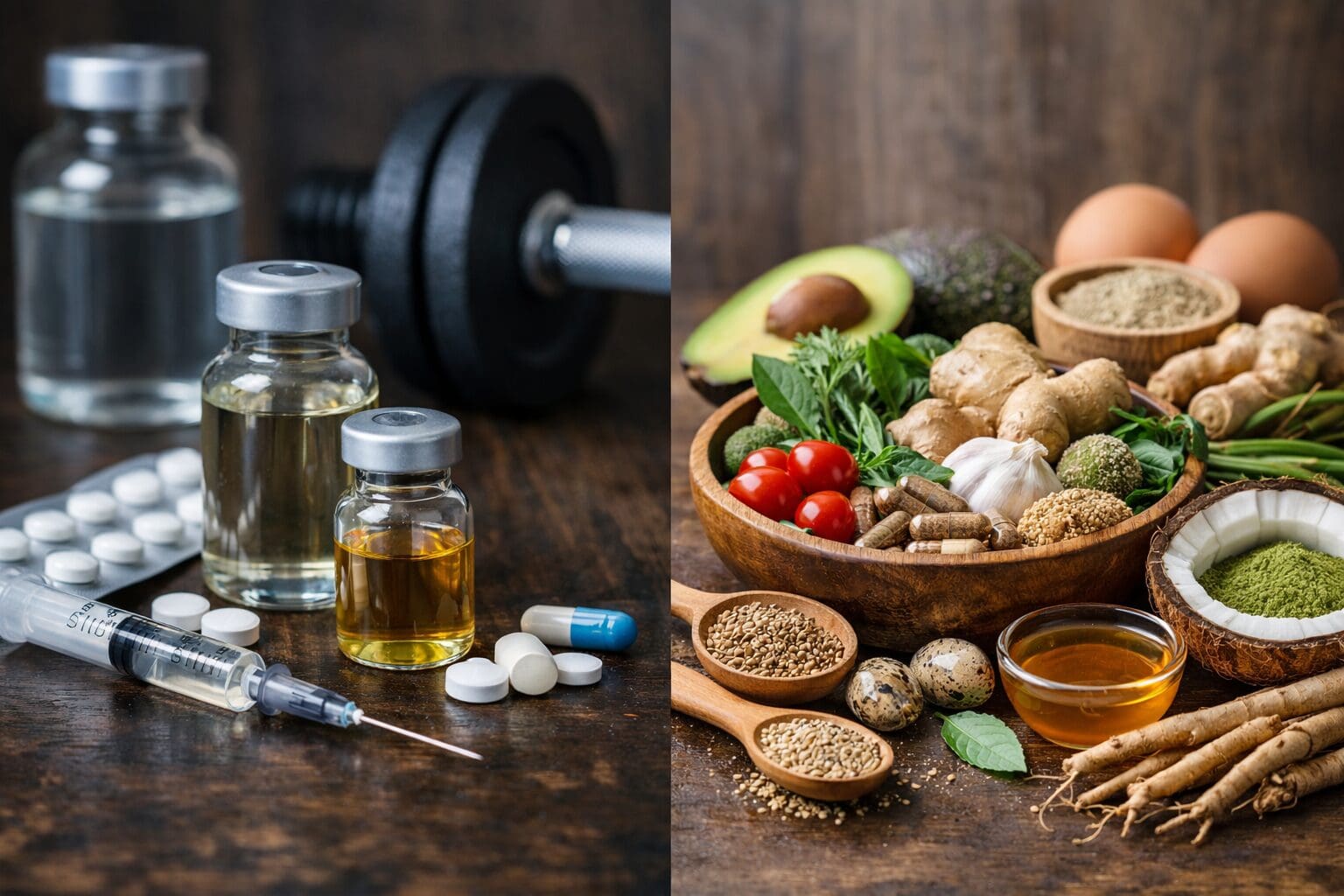 Side-by-side realistic image comparison- with medical vials, syringe, pills, and a dumbbell on one side, and whole foods, herbs, eggs, seeds, and supplements arranged naturally on the other side, shown in balanced lighting.
