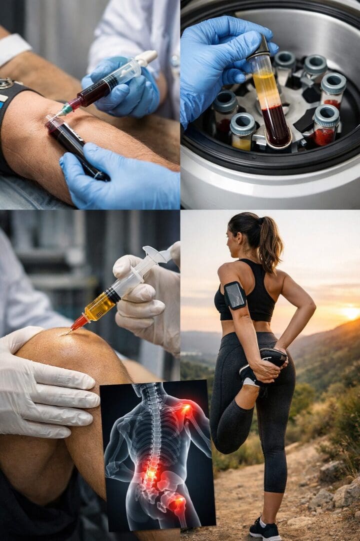 Realistic medical scene showing PRP therapy for chronic pain: blood drawn and processed in a centrifuge, platelet-rich plasma injected into a knee joint, and a recovered individual stretching outdoors.