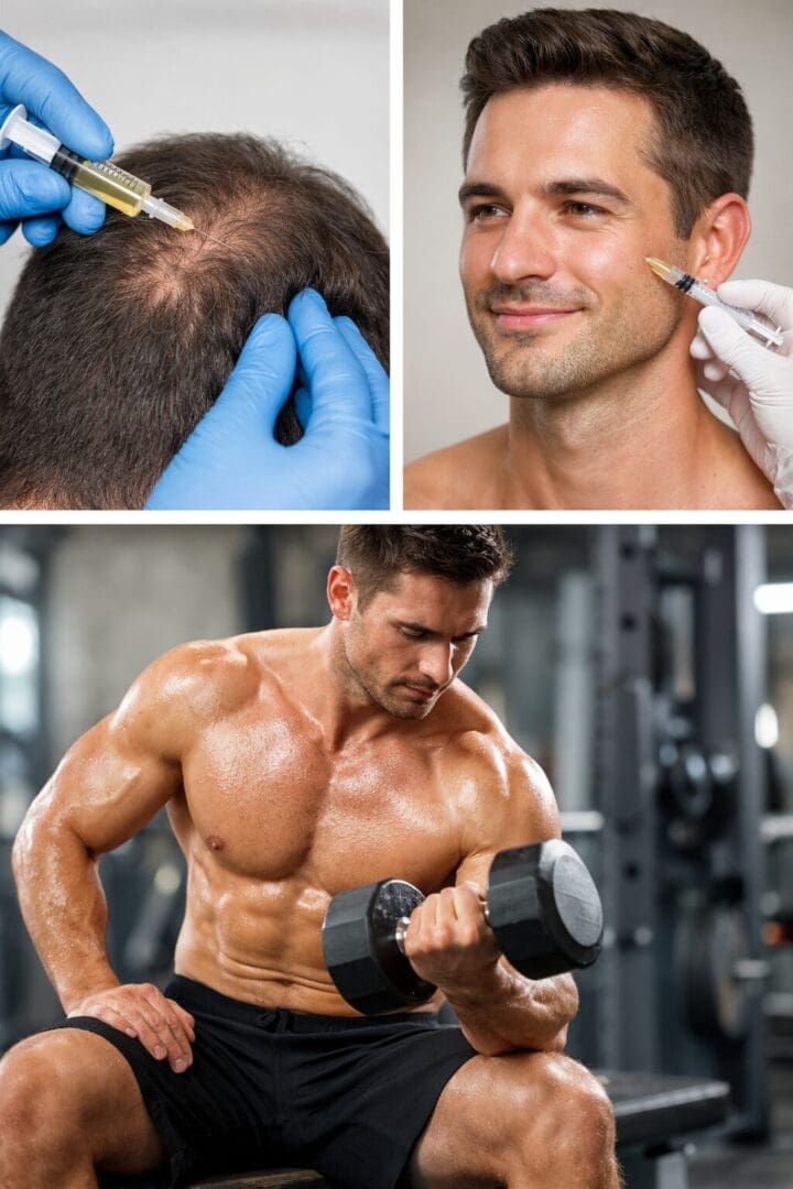 An image showing PRP therapy benefits for men, including scalp injections for hair restoration, facial PRP for skin rejuvenation, and a fit man lifting weights.