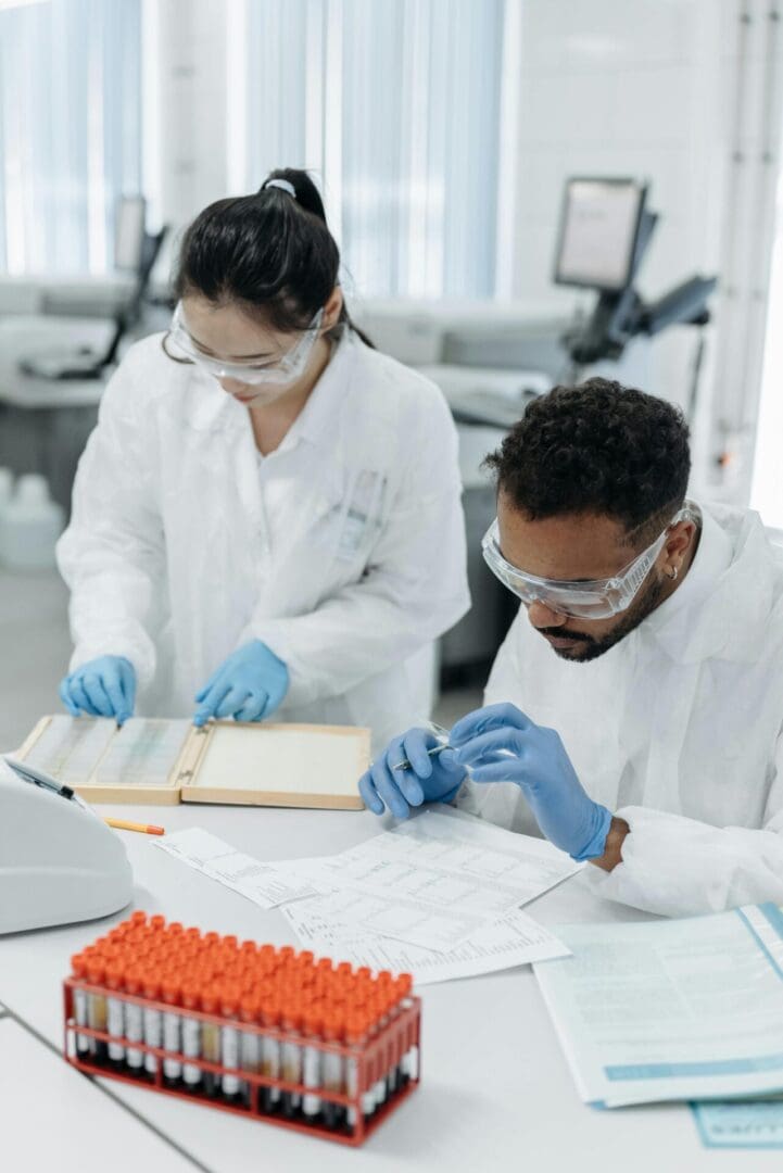 The image shows a couple of Medical researchers working in a laboratory with medical samples.