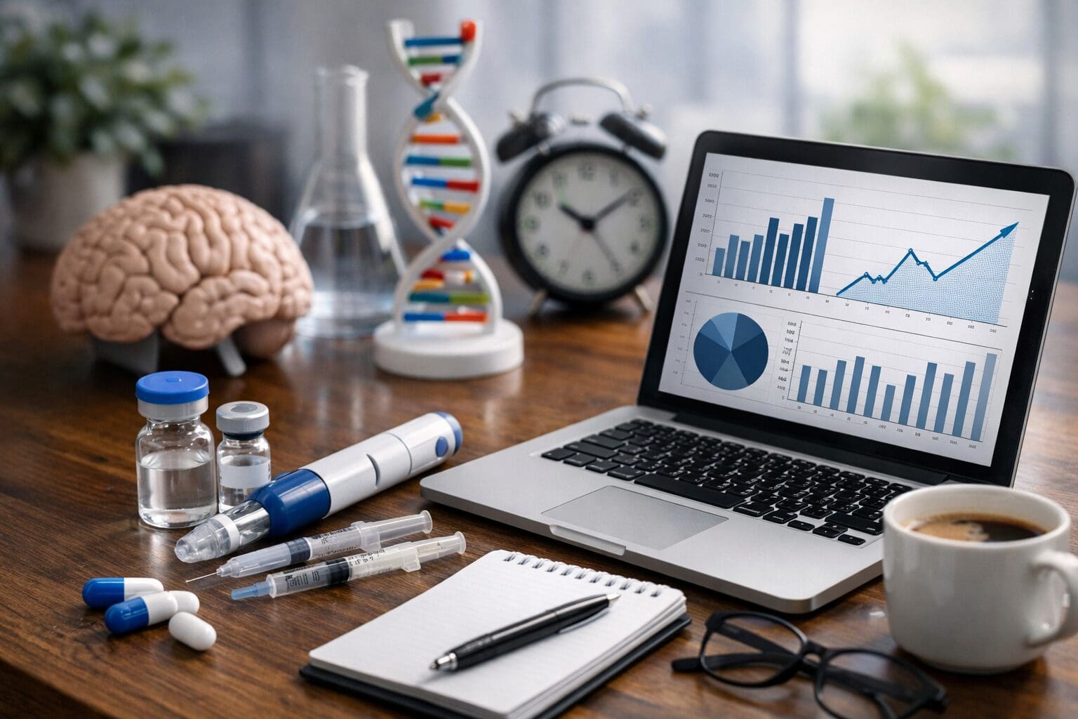 Medical research desk with brain and DNA models