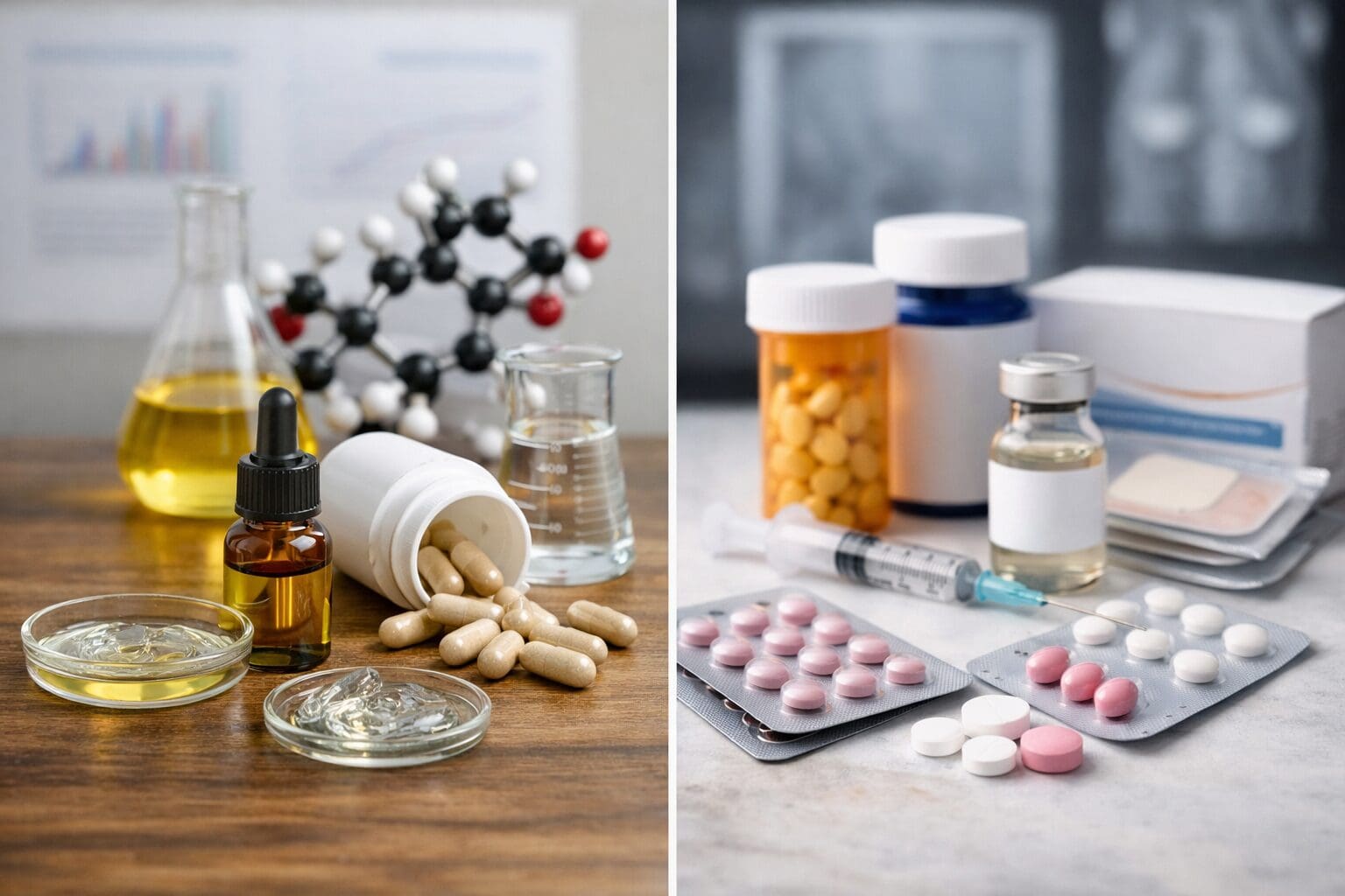 Realistic split-image, on one side with lab glassware, hormone gels, capsules, and molecular structures and on the other side featuring pharmaceutical pills, blister packs, vials, and a syringe in a clinical setting.