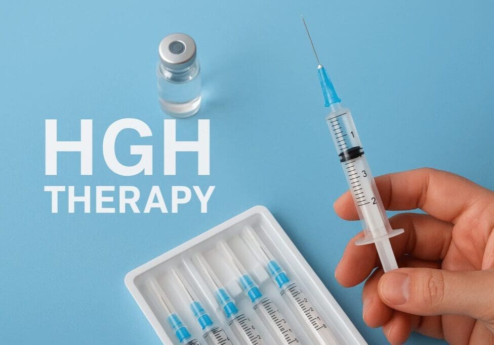 A hand holding a syringe with a blue needle, next to a tray of syringes