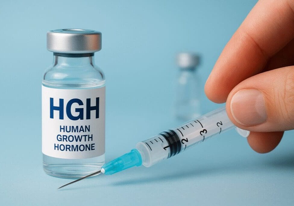 Hand holding syringe beside HGH vial