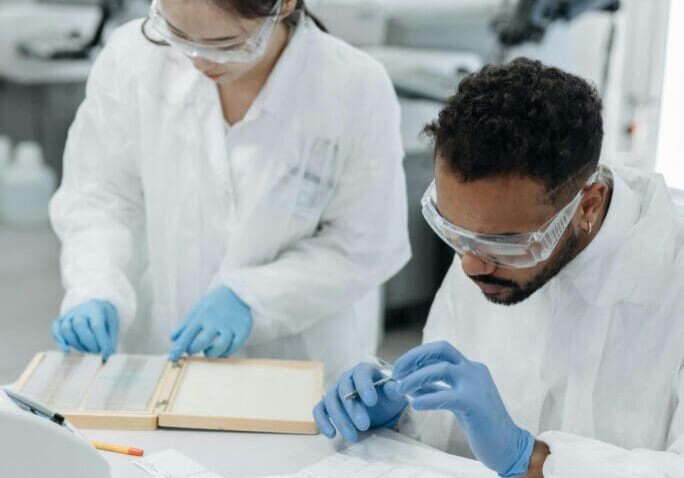 The image shows a couple of Medical researchers working in a laboratory with medical samples.
