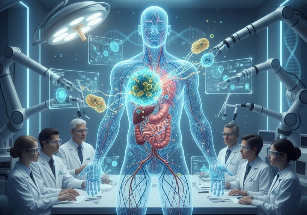 The image shows future of stem cell therapy regenerative healthcare laboratory meeting, Scientists discussing stem cell regeneration and personalized medicine, Nanobots injecting stem cells into holographic human body illustration