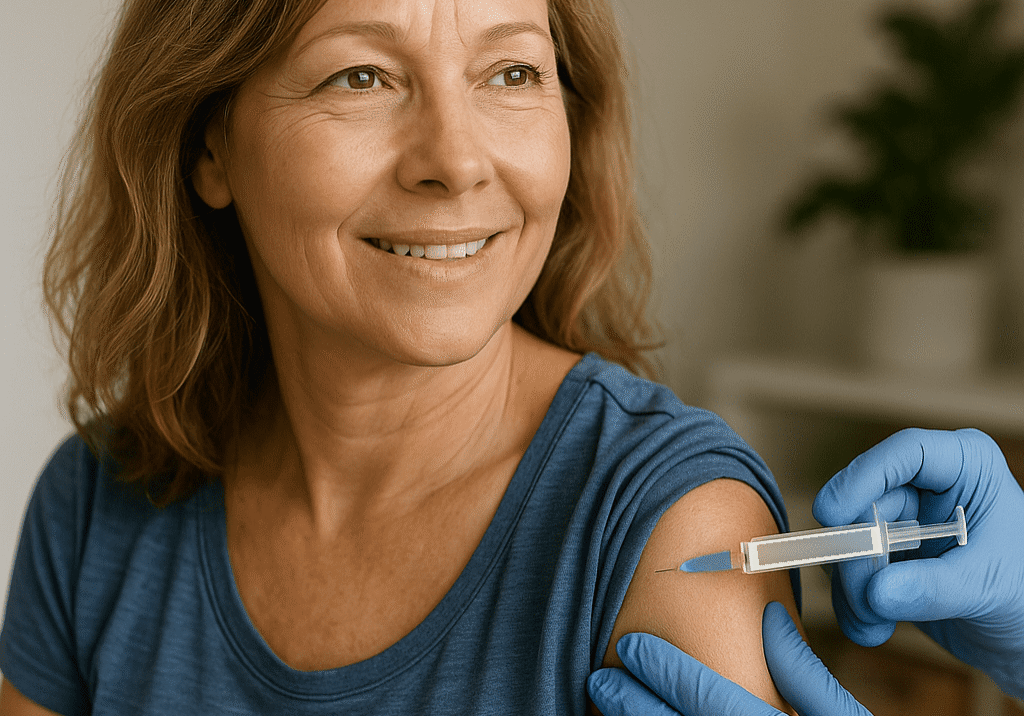 A middle-aged woman smiles calmly while receiving a testosterone injection in her upper arm from a healthcare professional wearing blue gloves, symbolizing hormone therapy.