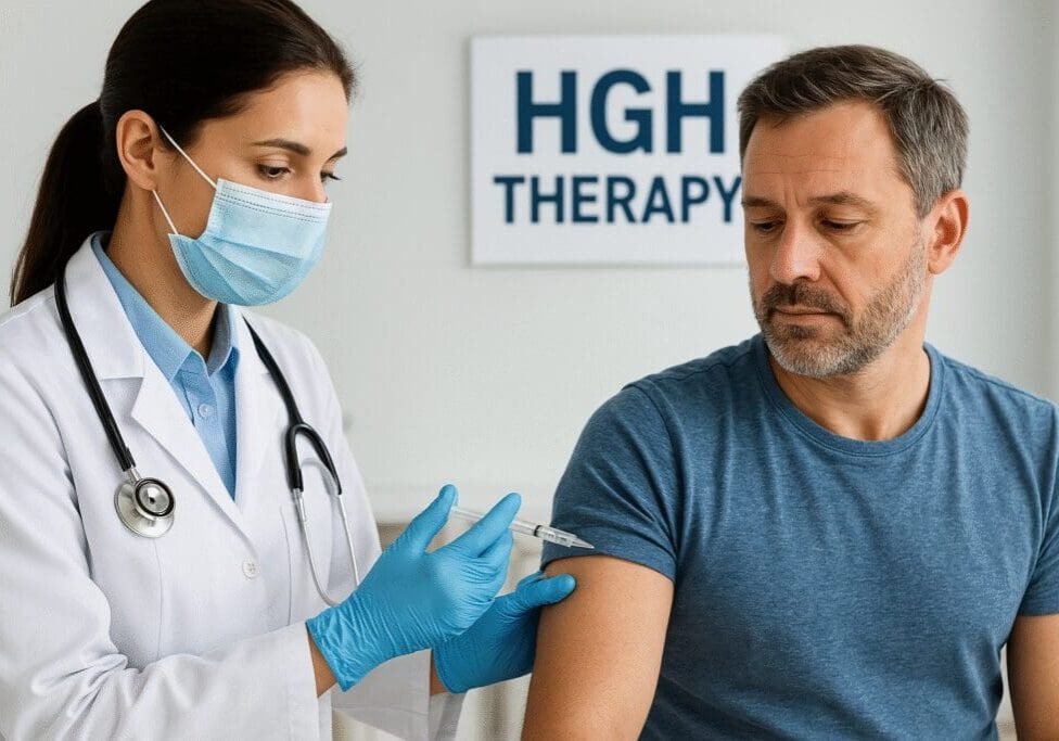 A Healthcare professional wearing a white coat, stethoscope, face mask and blue gloves is giving an injection into the upper arm of a seated man in a blue t-shirt. A sign in the background reads “HGH Therapy”