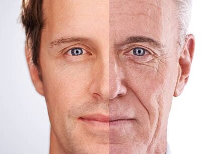 Split-face comparison showing younger appearance on left side and older appearance with gray hair and wrinkles on right side