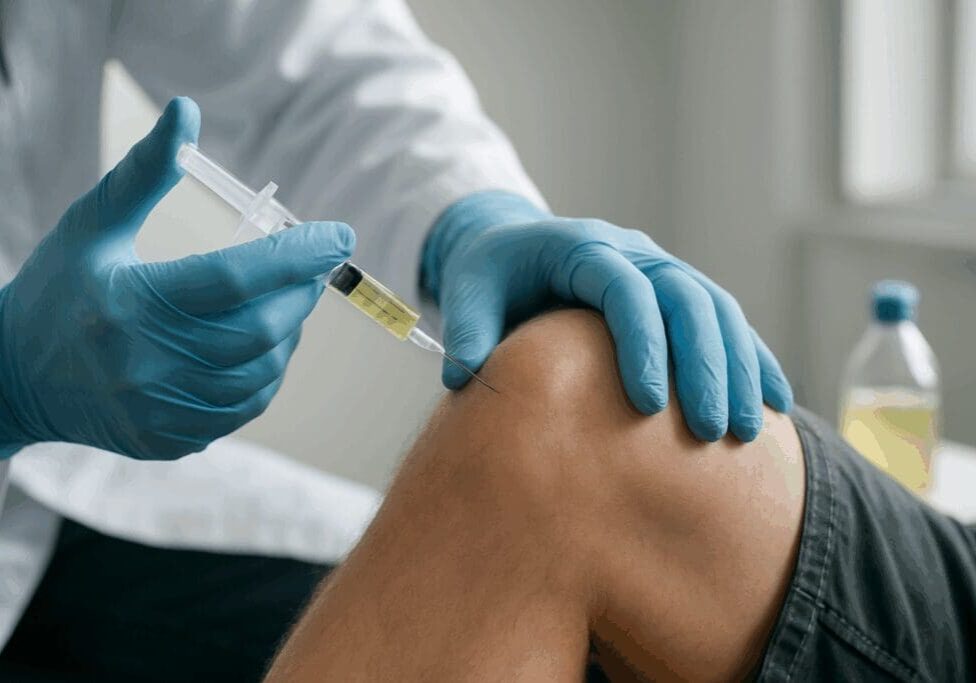 A realistic close-up image of a medical professional injecting stem-cell solution into a patient’s knee to treat joint pain, with gloved hands, a syringe containing yellowish fluid, and a clinical background.